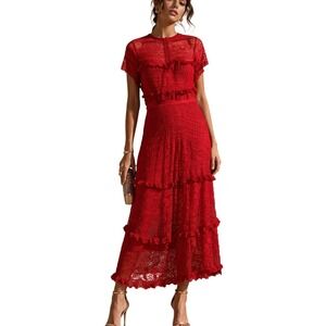Vone Romantic Festive Boho Red Floral Lace Peplum Midi Dress Eyelash Trim Size 4